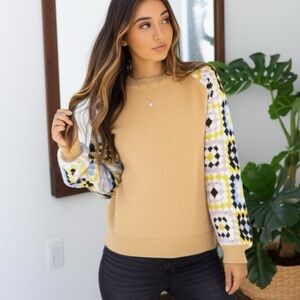 SOUTHERN GRACE Enchanting Crochet Sleeve Yellow Knit Sweater
